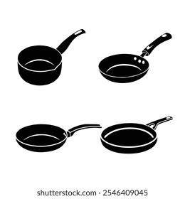  Conjunto De Arte De Clip De Ilustración vectorial De Sartén, Símbolo De Silueta De Vector Aislado De Sartén Con Fondo Blanco. Equipo de freír alimentos para cocinar en olla.
