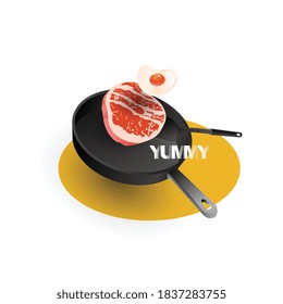Fry the steak and eggs,Making dinner with pan .Vector illustration of cooking.