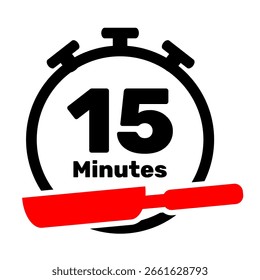 Fry time 15 minutes with red silhouette frying pan and stopwatch element. Cooking activity. Cooking time instruction visual clip art isolated on white background. Cooking icon