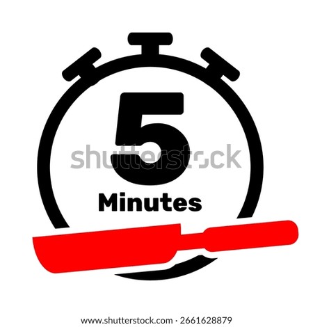 Fry time 5 minutes with red silhouette frying pan and stopwatch element. Cooking activity. Cooking time instruction visual clip art isolated on white background. Cooking icon
