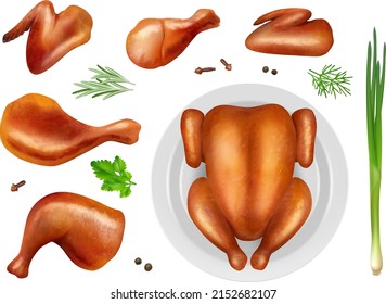 Fryed chicken. Realistic food illustration of grilled meat with delicious brown skin gourmet products decent vector pictures set