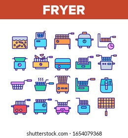 Fryer Electronic Tool Collection Icons Set Vector. Fryer Electric Equipment For Cooking Hot Fry Fat Potato And Chicken Food Concept Linear Pictograms. Color Illustrations