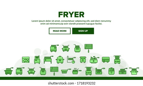 Vector de plantilla de encabezado de la página web de inicio de herramienta electrónica de Fryer. Equipo Eléctrico Para Preparar La Patata De Grasa De Grasa Caliente Y La Ilustración De Alimentos De Pollo