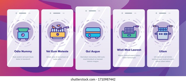 Fryer Electronic Tool Onboarding Icons Set Vector. Fryer Electric Equipment For Cooking Hot Fry Fat Potato And Chicken Food Illustrations