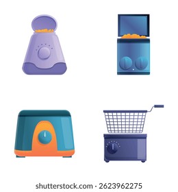 Fryer icons set cartoon vector. Various new deep fat fryer. Kitchen appliance, smart technology