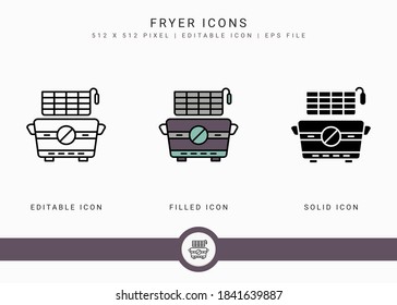 Fryer icons set vector illustration with solid icon line style. Potato basket concept. Editable stroke icon on isolated background for web design, infographic and UI mobile app.