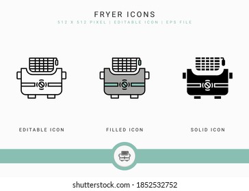Fryer icons set vector illustration with solid icon line style. Potato basket concept. Editable stroke icon on isolated background for web design, infographic and UI mobile app.