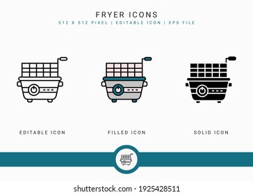 Fryer icons set vector illustration with solid icon line style. Potato fried basket concept. Editable stroke icon on isolated background for web design, user interface, and mobile app