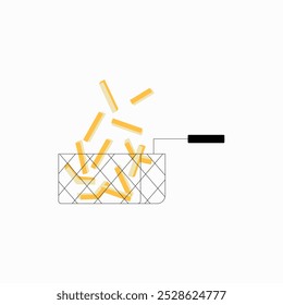 Frying basket with French fries in flat vector illustration symbolizing fast food preparation, cooking, and kitchen appliances, isolated on white background