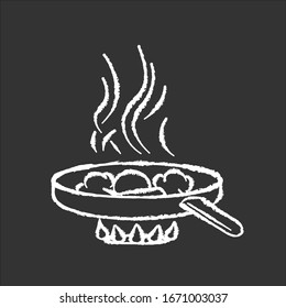 Frying chalk white icon on black background. Fast food preparation, meal preparation in oil. Culinary technique. Cooking pan with ingredients on oven fire isolated vector chalkboard illustration