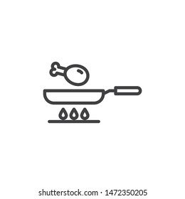 Frying chicken leg on gas stove line icon. linear style sign for mobile concept and web design. Cooking chicken drumstick outline vector icon. Symbol, logo illustration. Vector graphics