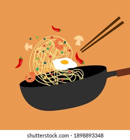 Frying Chinese noodles with egg, shrimp, mushroom and chili in Asian wok. Cooking pasta in frying pan vector.