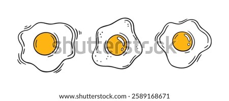 frying egg doodle line illustration set. frying egg hand drawn icon. breakfast drawing egg collection. Vector illustration