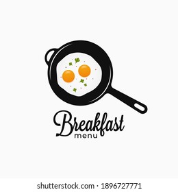 Frying eggs on frying pan. Breakfast menu logo on white background