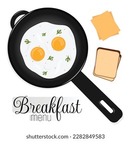 Huevos fritos en una sartén. Logo del menú del desayuno con fondo blanco