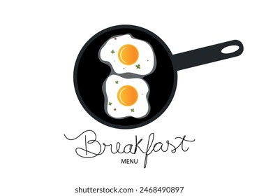 Frying eggs on frying pan. Breakfast menu logo on white background