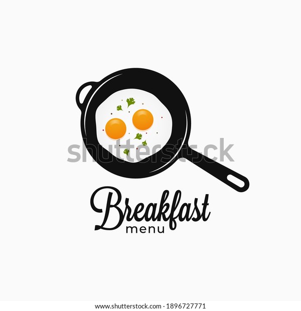 Frying eggs on frying pan. Breakfast menu logo\
on white background