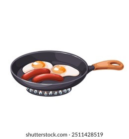 Frying eggs with sausages in cartoon pan on gas stove. Cooking hearty protein breakfast on hob fire. Morning food preparation mascot, cartoon hot metal skillet of fried eggs vector illustration