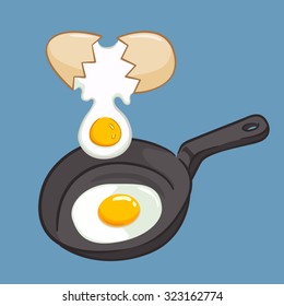 Frying eggs using frying pan, vector illustration