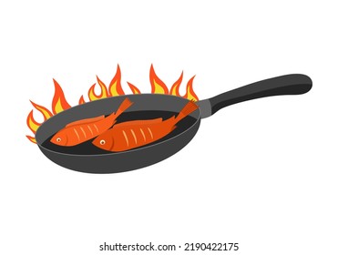 Frying fish on pan in flat design on white background. Cooking in the kitchen.