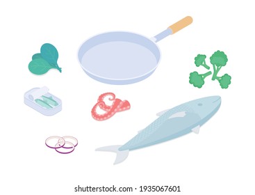 Frying fish prep set. Isometric vector illustration in flat design.