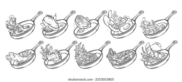 Freír la comida en una sartén con el conjunto de iconos de línea de lanzamiento. Esquema de carne de res voladora y filete de salmón, pescado entero y espaguetis, huevos fritos para el desayuno. Cocina, mascota del menú, sartenes de comidas dibujadas a mano Ilustración vectorial