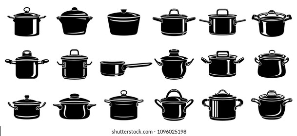 Frying hot saucepan cook pan icons set. Simple illustration of frying hot saucepan cook pan vector icons for web