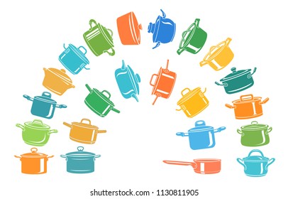 Frying hot saucepan cook pan icons set. Flat illustration of frying hot saucepan cook pan as arc vector icons for web