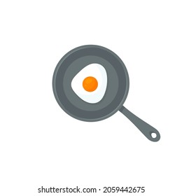 Frying iron pan and fried egg for breakfast, icon isolated on white background. Cartoon flat style. Vector colored illustration.