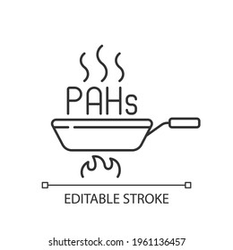 Frying linear icon. Deep frying involves heating ingredient and creating unhealthy air pollutants. Thin line customizable illustration. Contour symbol. Vector isolated outline drawing. Editable stroke