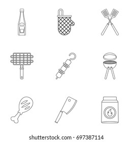 Frying meat icons set. Outline set of 9 frying meat vector icons for web isolated on white background