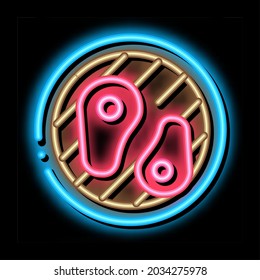 frying meat on bbq neon light sign vector. Glowing bright icon frying meat on bbq sign. transparent symbol illustration