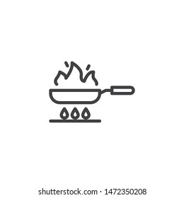 Frying on fire line icon.  Frying pan on gas stove linear style sign for mobile concept and web design. Cooking process outline vector icon. Symbol, logo illustration. Vector graphics