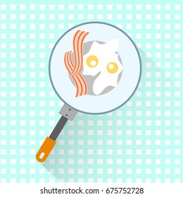 Frying pan with bacon and eggs. Kitchen supply in flat design. 