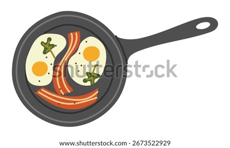 Frying pan with breakfast. Eggs, bacon, and greens. Flat, isolated color illustration. Cast-iron frying pan with handle. Cooking outdoors. Top view. Design for postcards. Picnics, hikes, and camping