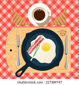 Frying pan of breakfast with fried eggs, bacon, toasts and cup of coffee, vector illustration. 