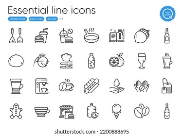Pancarta de fritura, capuchino y iconos de la línea de cafetera. Colección de los iconos de Gingerbread man, Food, Orange. Cerveza, vidrio de cerveza, elementos de tela de café. Rellene el agua, cubiertos de cocina, maíz. Vector