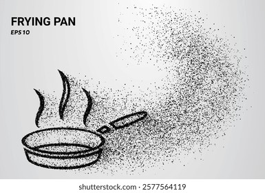 A frying pan composed of small circles and dots, with particles swirling around it. Vector illustration.