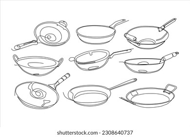 frying pan continuous line art vector set illustration