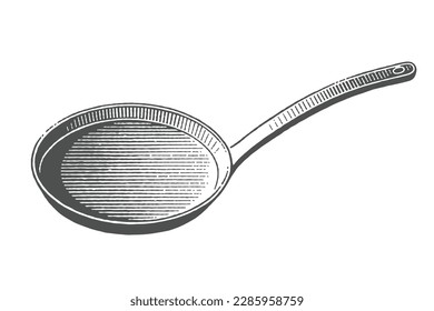 Frying pan. Cookbook etching. Household equipment. Hand drawn engraving style vector illustration.