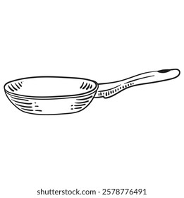 Frying pan for cooking. Food concept. Vintage illustration sketch for restaurant or diner menu. Vector kitchenware drawn with black lines by hand.