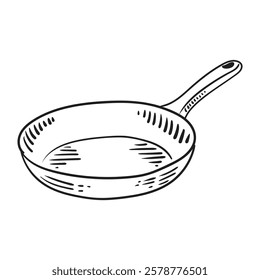 Frying pan for cooking. Food concept. Vintage illustration sketch for restaurant or diner menu. Vector kitchenware drawn with black lines by hand.