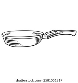 Frying pan for cooking. Food concept. Vintage illustration sketch for restaurant or diner menu. Vector kitchenware drawn with black lines by hand.
