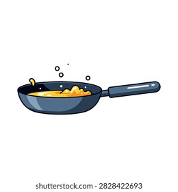 Frying pan cooking food in kitchen with pan fried breakfast culinary cookware