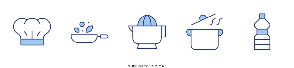 frying pan, cooking oil, grinder, chefs hat, cooking. Cooking Icon vector illustration. Line Duotone style. Editable stroke.