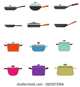 Frying pan and cooking pot set. Kitchen pots and different pans with solid and flat color style. Vector illustration.