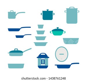 Frying pan Cookware Set, Collection of kitchenware and cookware set of kitchen utensils for home cooking flat vector illustration