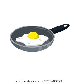 Frying pan with delicious scrambled eggs. Healthy breakfast. Element of the kitchen.
