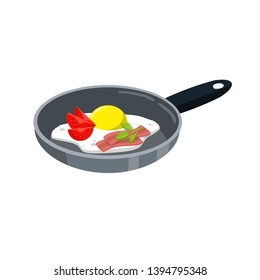 Frying pan with delicious scrambled eggs. Healthy Breakfast with bacon and tomato. Element of the kitchen. Cartoon flat illustration