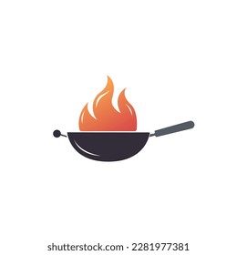 Frying pan design menu. Wok with fire flame